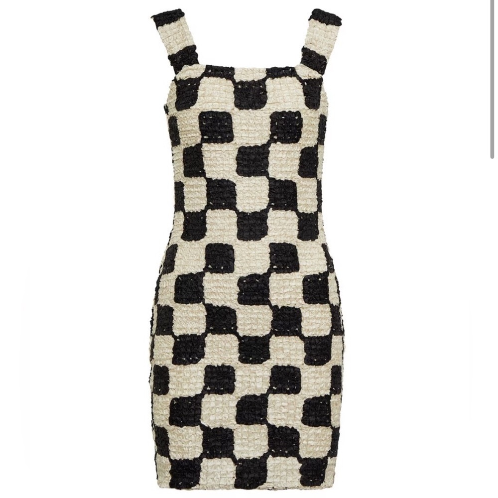 Nanushka Najya Black Cream Checked Square Neck Recycled Ribbons Mini Dress M
